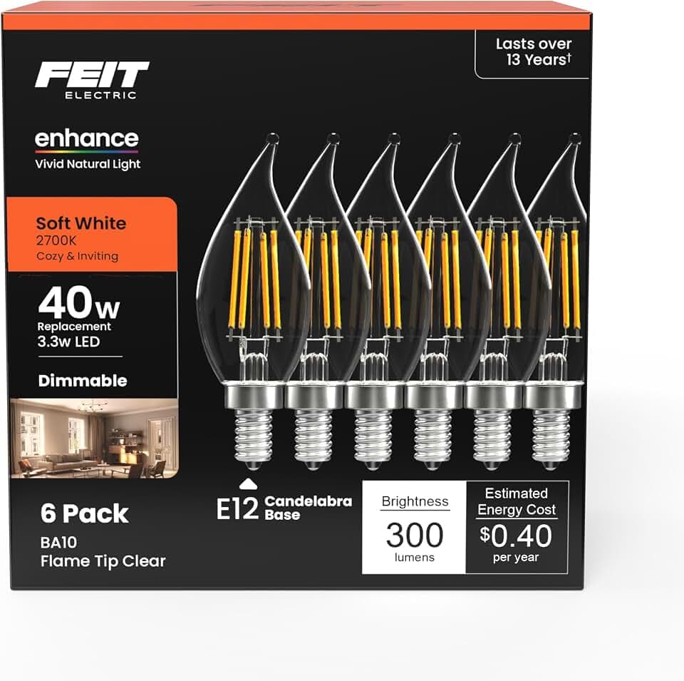 Feit Electric BA10 Enhance LED Light Bulb, 40W Eq, Soft White, 6 Pack