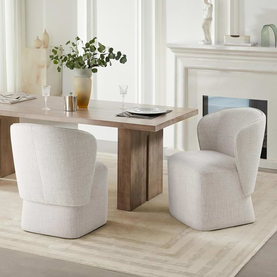 KISLOT Upholstered Dining Chairs with Wheels, No Assembly Stain Resistant Fabric Modern Barrel Armchair with Casters, Dining Room Chairs for Kitchen Living Room Bedroom, Linen, Set of 2