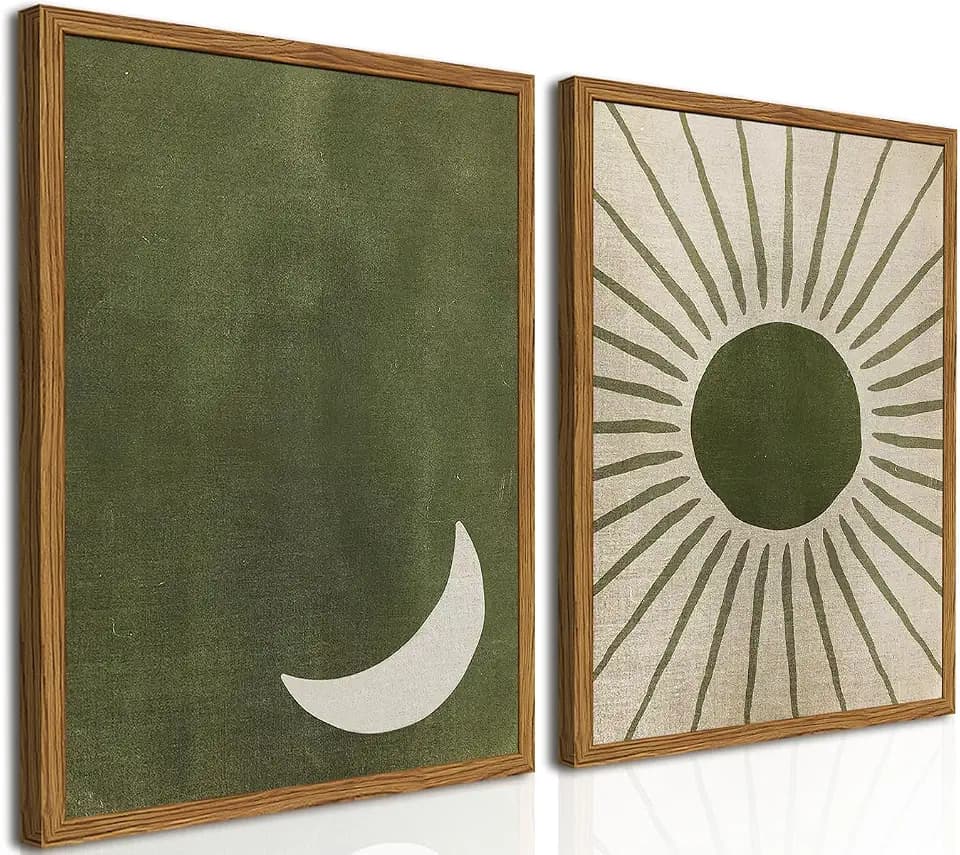 Framed Boho Sun and Moon Canvas Wall Art Set of 2, Vintage Sage Green Bohemian Pictures Wall Decor, Mid Century Modern Abstract Minimalist Paintings Prints for Living Room Bedroom Office 16x24 inch