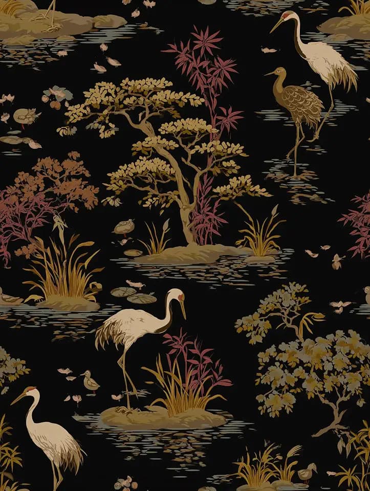 Stickorama Vintage Oriental Crane Pond Peel and Stick Wallpaper Self Adhesive 17.72" X 236.2'' Asian Landscape Design Wall Paper Renter Friendly Removable Waterproof for Bedroom Living Room