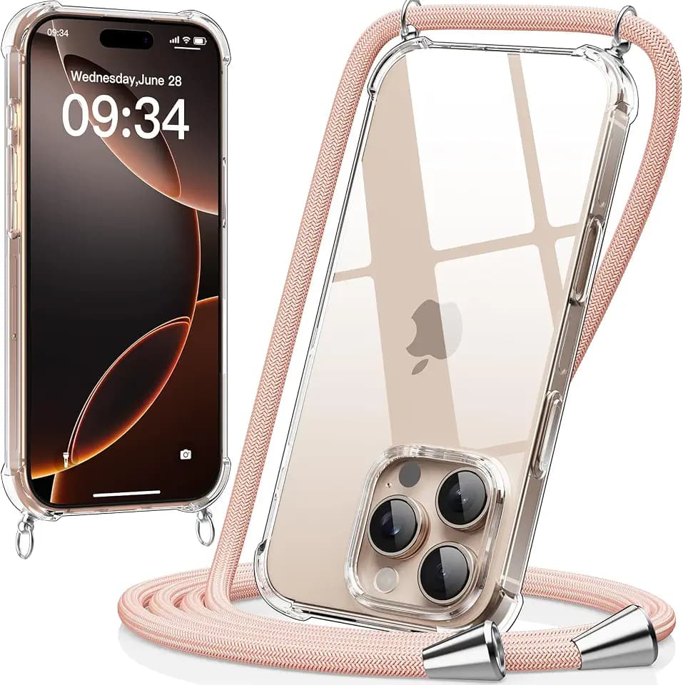 caslord Handyband kompatibel mit iPhone 16 Pro | Transparent Hülle mit Handykordel | Handyhülle für zum Umhängen | für Sport Reisen Partys Einkäufe Babypflege | Rosa
