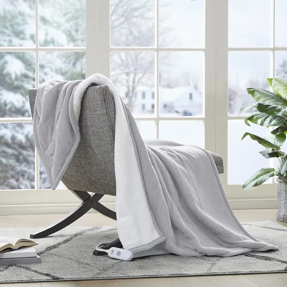 Serta Heated Electric Throw - Reversible Fleece Heating Blanket,Smoke Grey