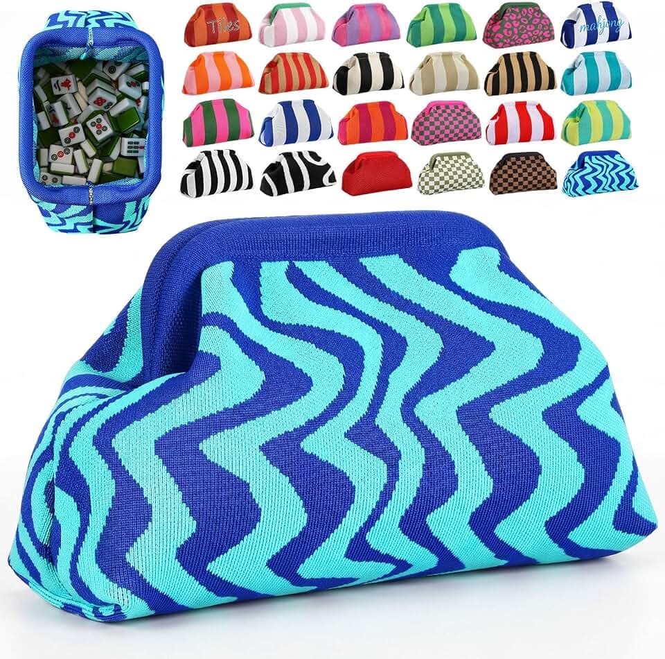 Mahjong Tile Bag Striped Clutch Blue Wavy Stripes