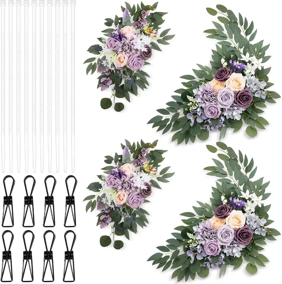 Hotop 4 Pcs Fall Wedding Arch Flower Artificial Faux Floral Swag, Purple