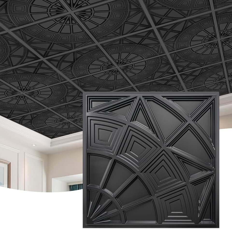 STICKGOO 3D Ceiling Tiles 24"x24", Modern Geometric Textured PVC Panels, Waterproof & Recyclable Drop or Glue-Up Decorative Ceiling Tiles for Home & Commercial Use (Pack of 12, Black)