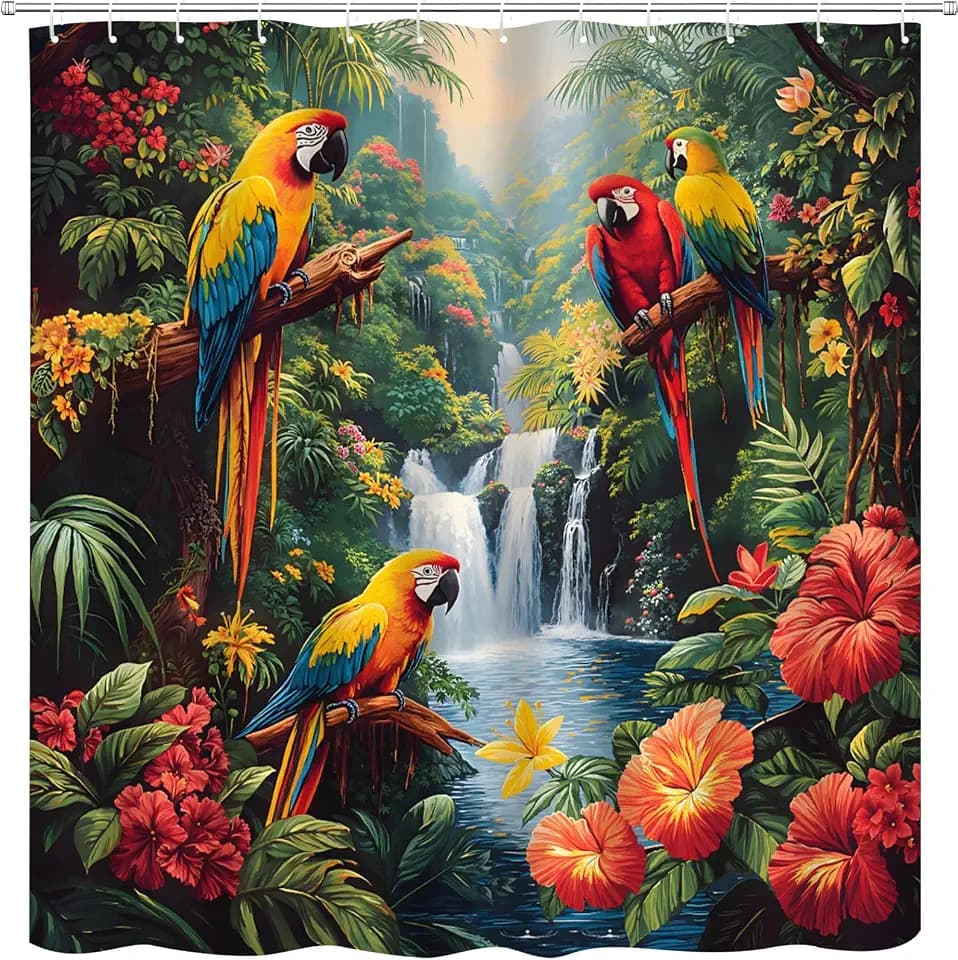 Jungle Parrot Shower Curtain, Tropical Bird Rainforest Forest, 70 x 70 Inch