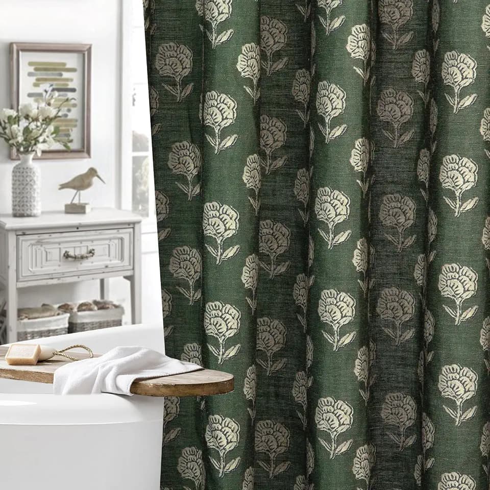 MUGINYU Green Floral Shower Curtain Linen Texture- Vintage Block Print Cottage Core Shower Curtain Set,Rustic Farmhouse Frenchy Bathroom Decor 72x72 Inch