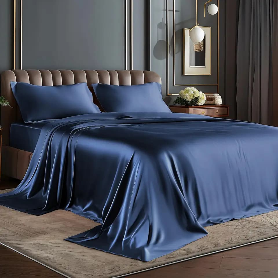 BEDELITE Satin Sheets Queen Size Bed Set, Navy, 4 Pieces