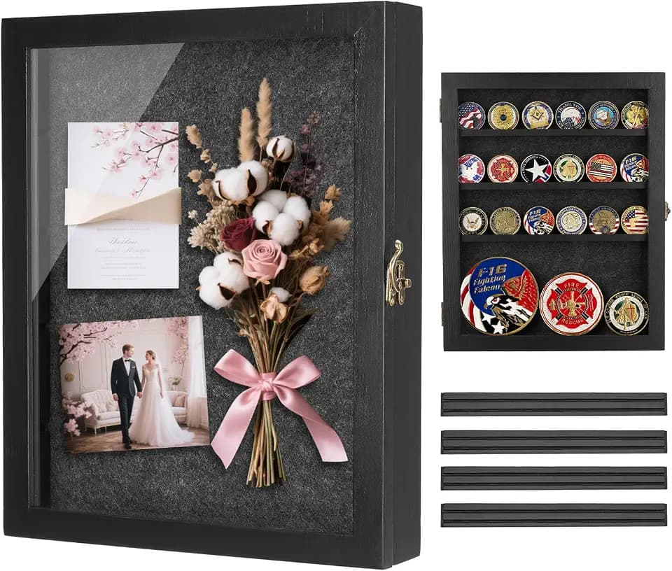 AW BRIDAL Black Shadow Box with Shelves 11x14in, Medal Frame Display Case