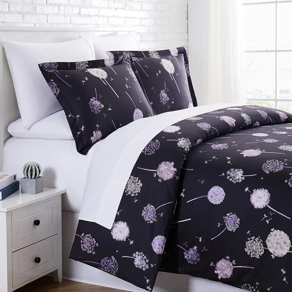 SouthShore FINE LIVING Dandelion Dreams, 300 Thread-Count, Premium Quality Single-Ply, Long Staple Cotton Sateen Duvet Cover Set, King / California King, Carbon