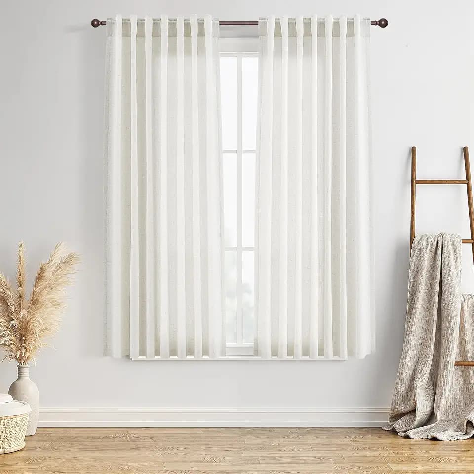 BOODII Linen Curtains 63 Inch Long for Living Room Ivory 2 Panels