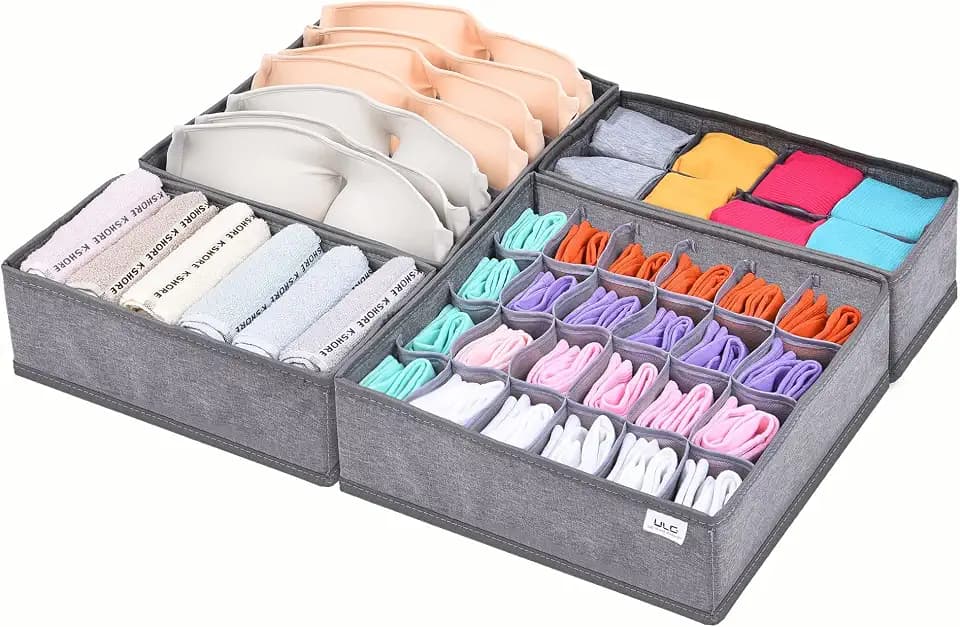 ULG 4 Pack Socks Underwear Drawer Organizer Divider,Washable Drawer Organizer Foldable Oxford Fabric Closet Organizers and Storage Boxes for Socks, Underwear, Belts (Light Grey), Large (UL421041502)