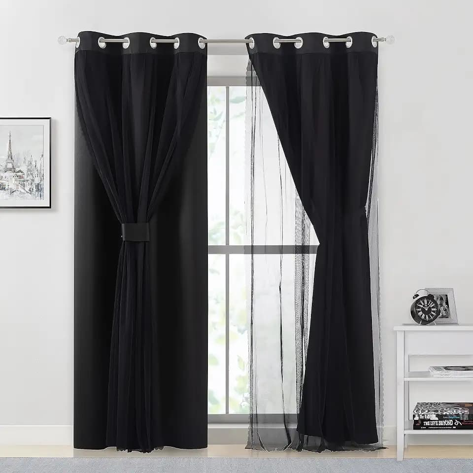 Bujasso Black Full Blackout Curtains with Sheer Overlay Double Layer 37x84L