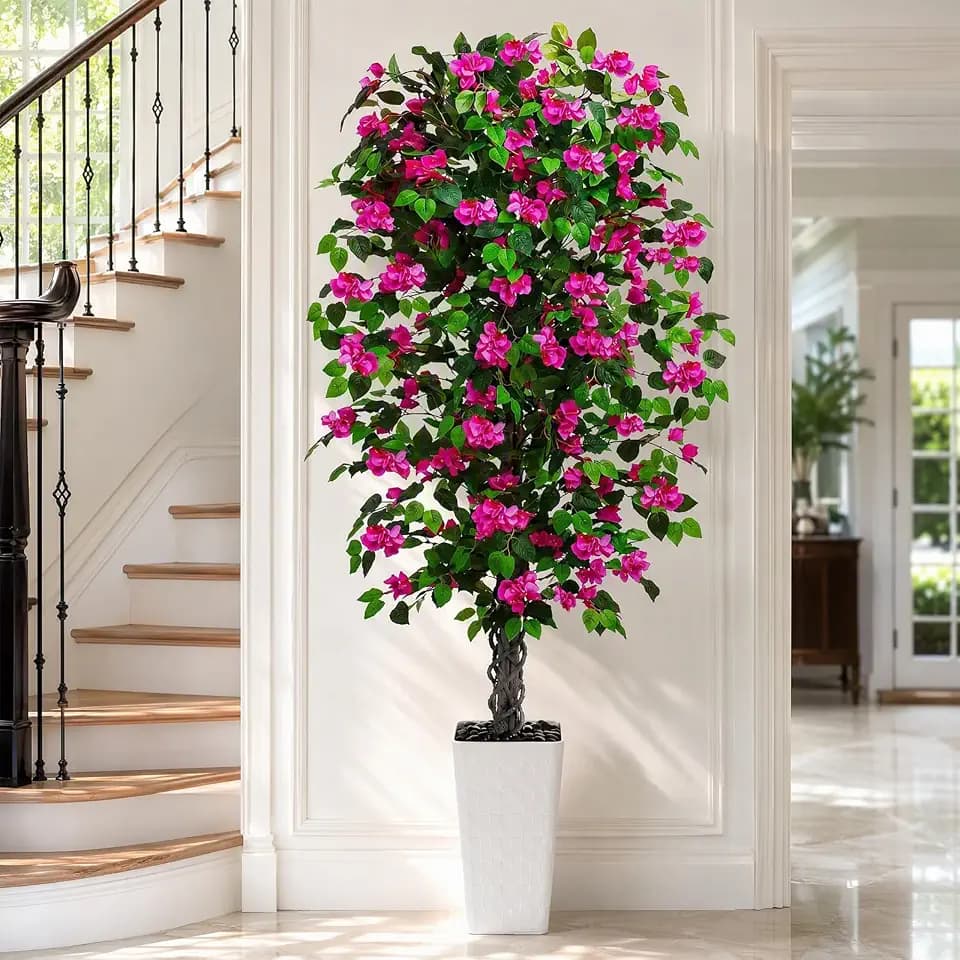Artificial Bougainvillea Tree 6FT, Fake Tree with Flowers White Planter