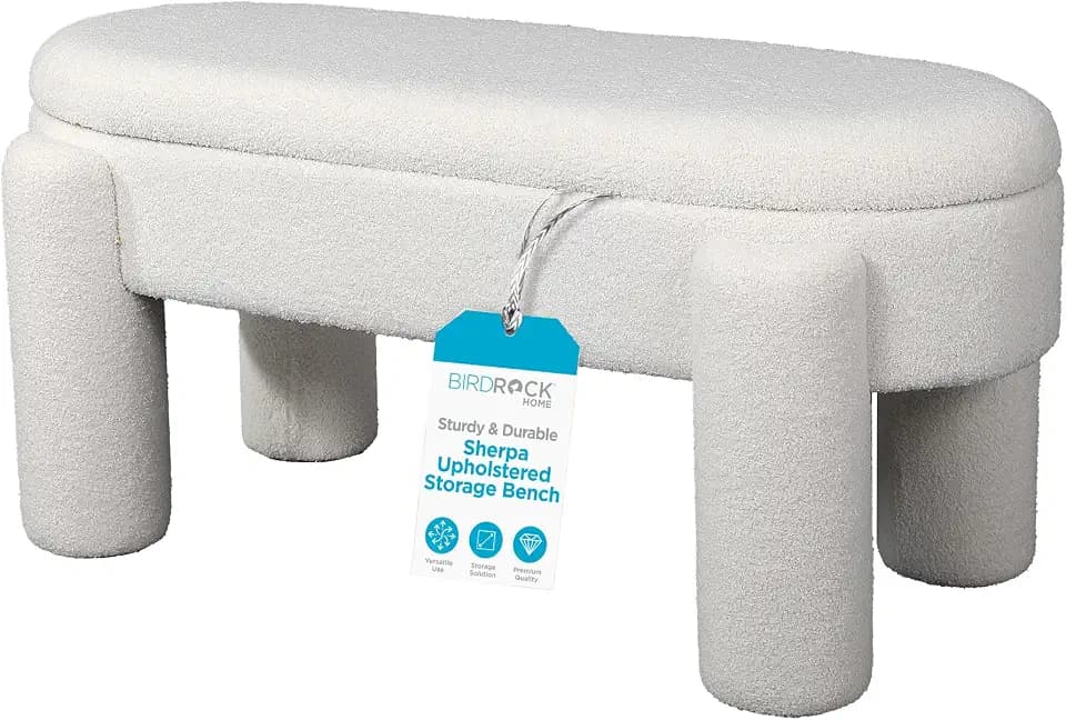 BIRDROCK HOME Sherpa Upholstered Storage Bench | Cozy Seat with Soft Sherpa Cushion, Versatile for Living Room, Bedroom, or Entryway Ottoman | Sturdy Design, 38” L x 15” W x 18” H