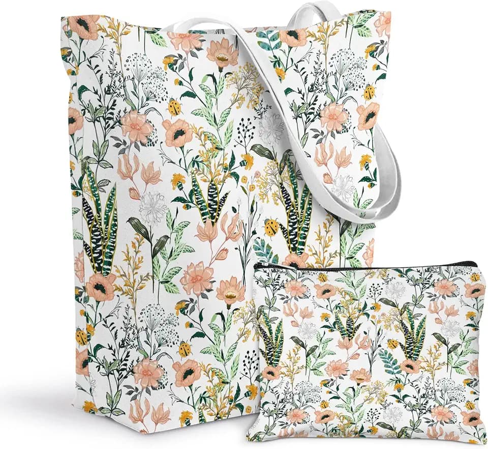 2Pack Printed Canvas Tote Bag for Women, Reusable Tote Bag with Makeup Zipper Pouch, Casual Vacation, Shopping