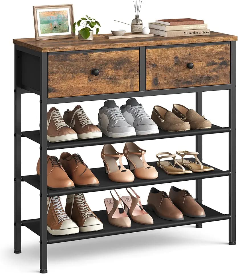 VASAGLE 4-Tier Shoe Rack, 2 Fabric Drawers, Steel Frame