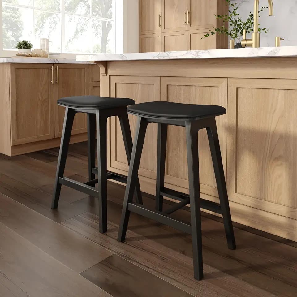 Plank+Beam Beryl Bar Stool, Upholstered, Set of 2, Black/Black