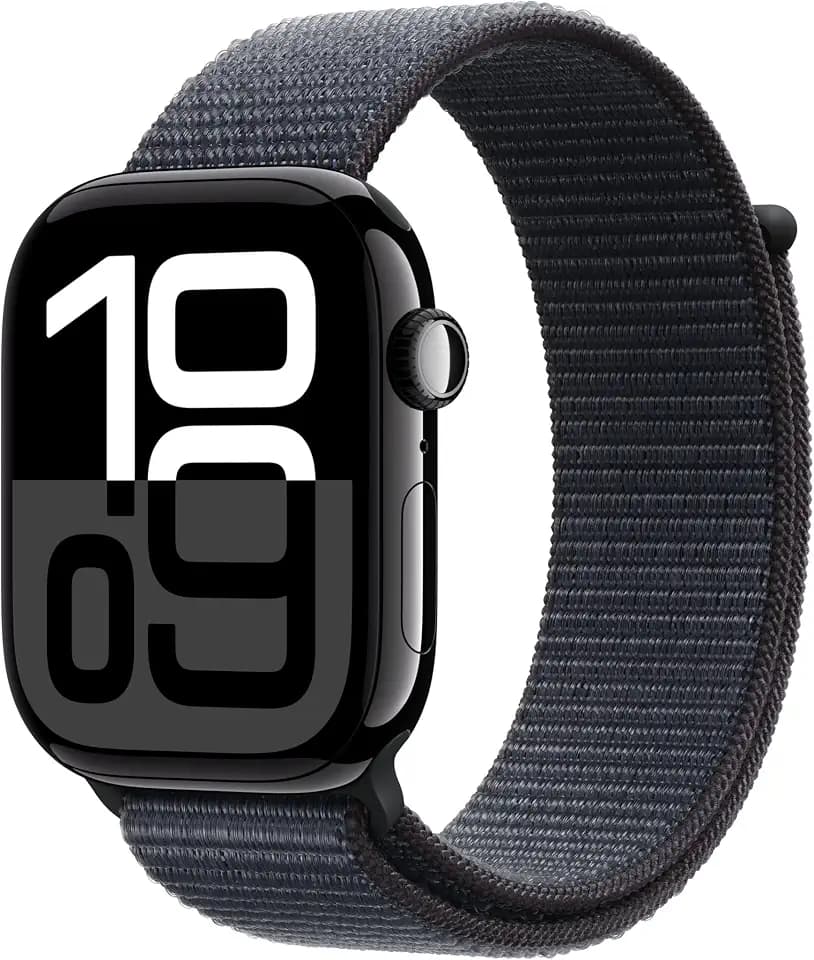 Apple Watch Series 10 (GPS + Cellular 46 mm) Smartwatch mit Aluminiumgehäuse in Diamantschwarz und Sport Loop in Tinte (One Size). Fitnesstracker, EKG App, Always-On Retina Display
