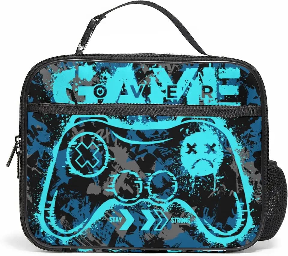 WOBAGMEN Game Lunch Box for Kids, Cute Insulated Lunch Bag for Boys Girls,Waterproof Lunch Box with Water Bottle Holder for Teens Adults Picnic Travel Back to School (Blue Game)