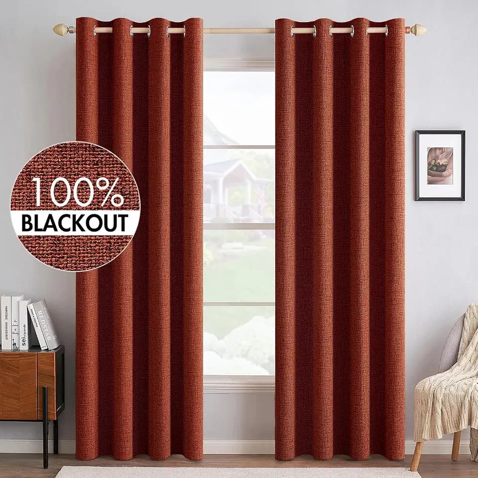 MIULEE 100% Blackout Linen Curtains for Bedroom 52x90 Inches Burnt Orange