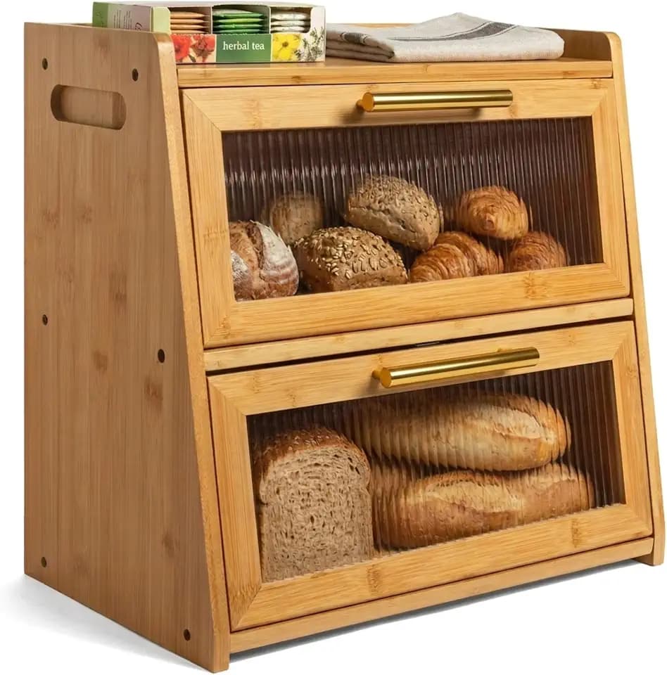 Gennua Kitchen Extra Large Bamboo Bread Box for Kitchen Countertop, Double Layer Wooden Breadbox Holds Multiple Loaves of Homemade Bread, 16.5 Inch Storage Container with Frosted Acrylic Windows