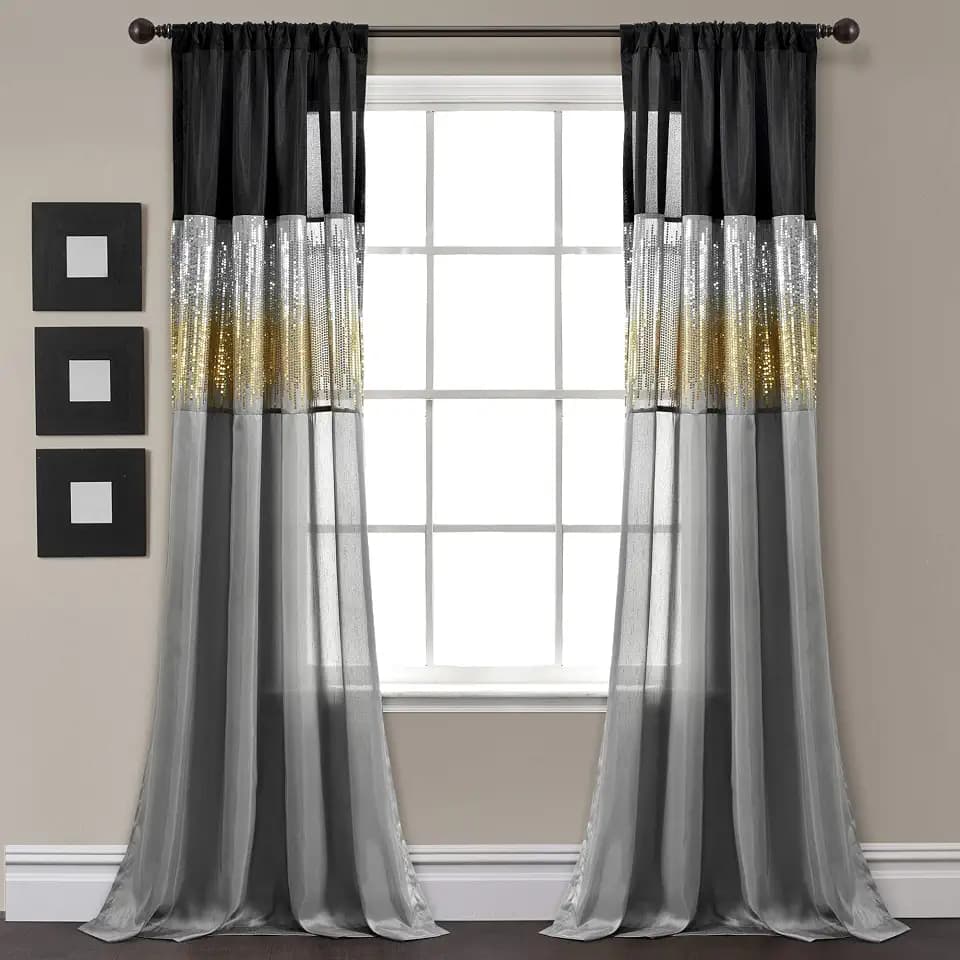 Lush Decor Night Sky Window Curtain Panel, Single 42"W x 95"L Black & Gold - Sequin Backdrop Curtain - Room Darkening Curtains For Bedroom - Glam Decor