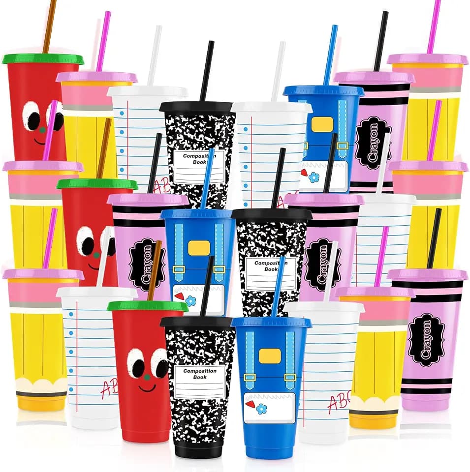 LemonRoad 24 Pcs Back to School Teacher Cups with Lid and Straw, 24 oz