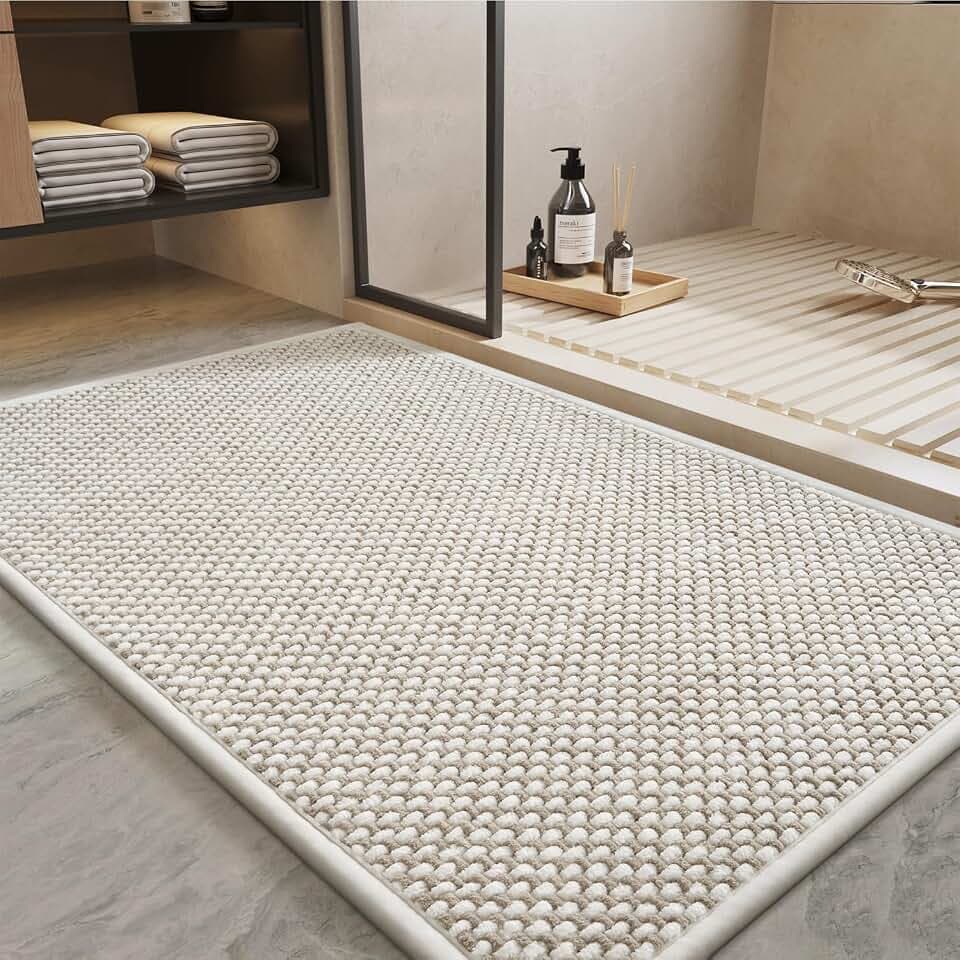 PADOOR-Bath Mat-Super Absorbent Chenille Bathroom Mats-Rubber Backed Bath Mats for Bathroom Non Slip, Easy Clean Bathroom Rugs Front of Bathtub,Shower Room,Sink-17×35, Beige&Cream