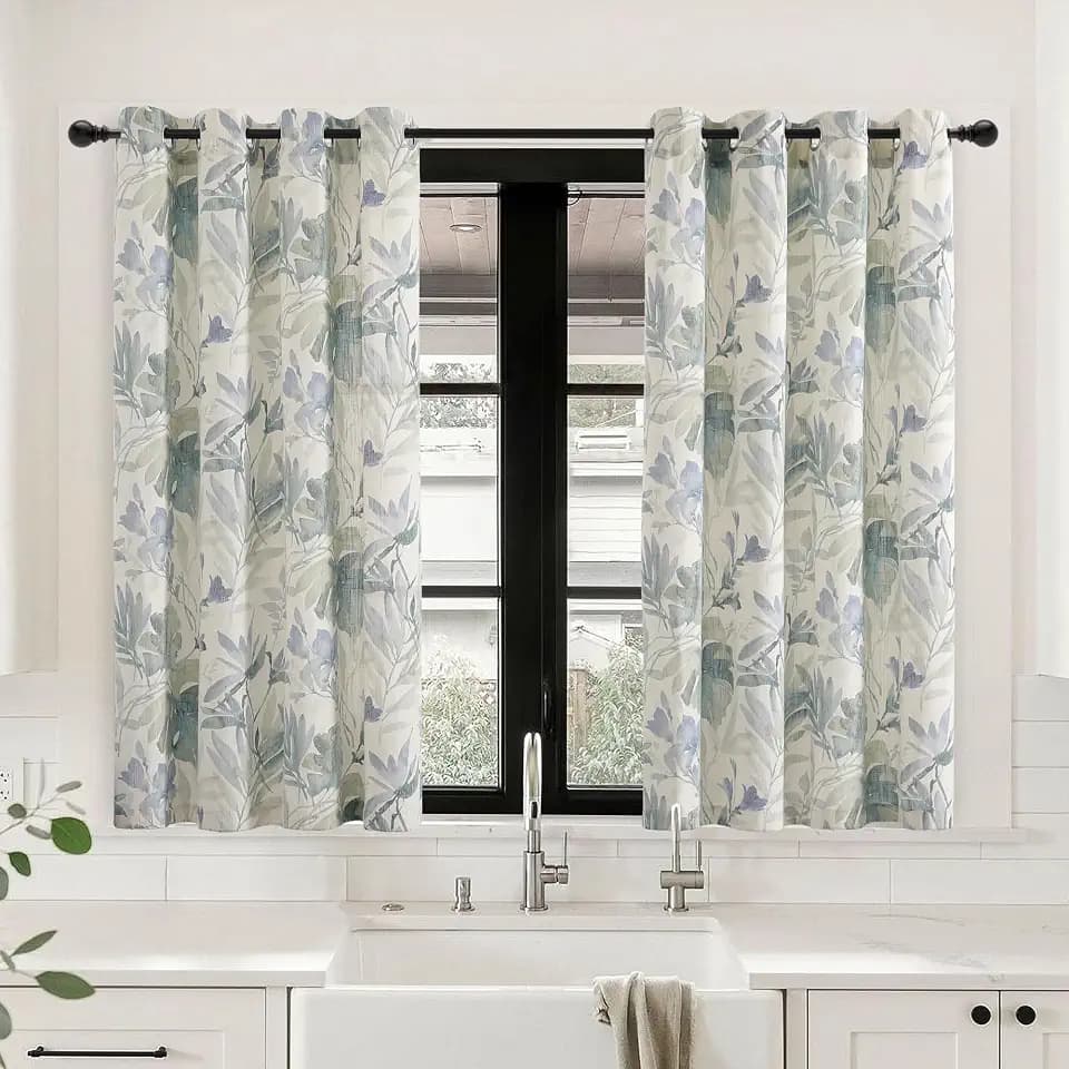 MYSKY HOME Sage Green Curtains 45 Inch Length Light Filtering Cotton Curtains for Kitchen Bedroom Floral Printing Window Treatment Grommet 2 Panels,Sage and Natural