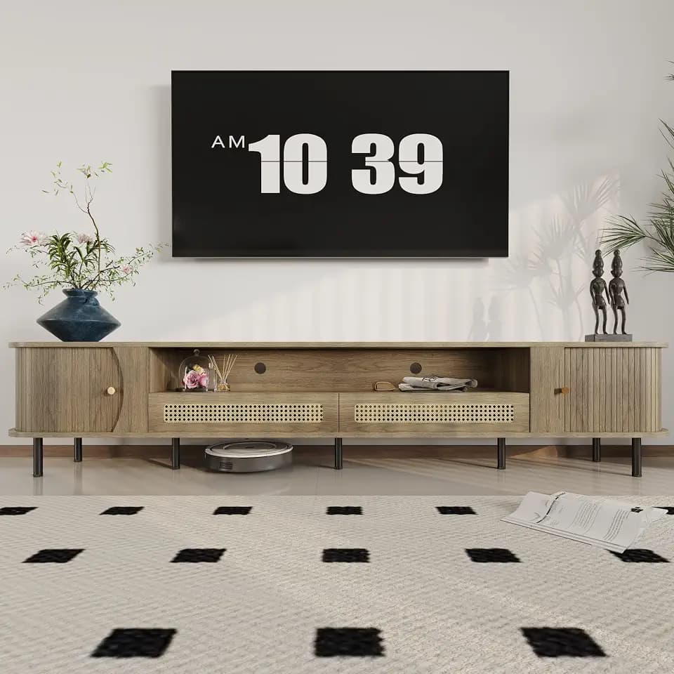 basenji 94" Mid Century Modern TV Stand, Wood TV Consoles with Sliding Doors and Rattan Door, Entertainment Center with Adjustable Shelves, Fluted TV Stands for Living Room,Oak