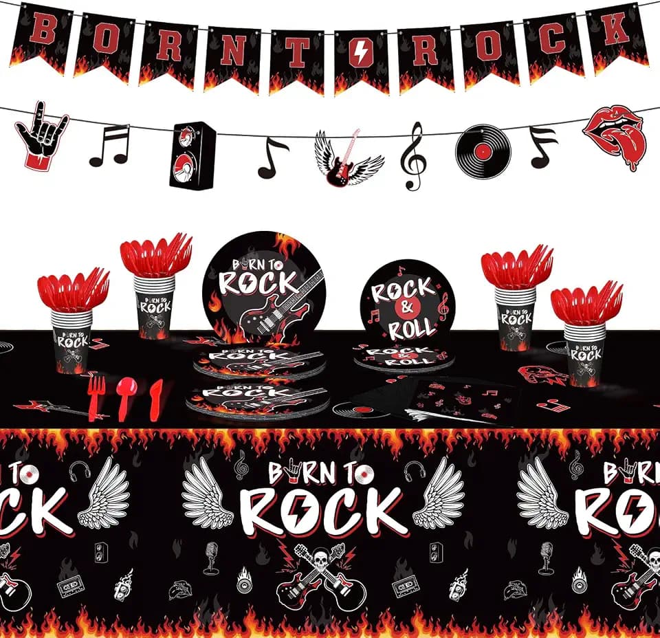 Yaomiao 172 Pcs Rock Theme Party Supplies Born to Rock Banner Music Note Garland Music Party Tableware Set Included Plates Napkins Cups Tablecloth Birthday Decorations