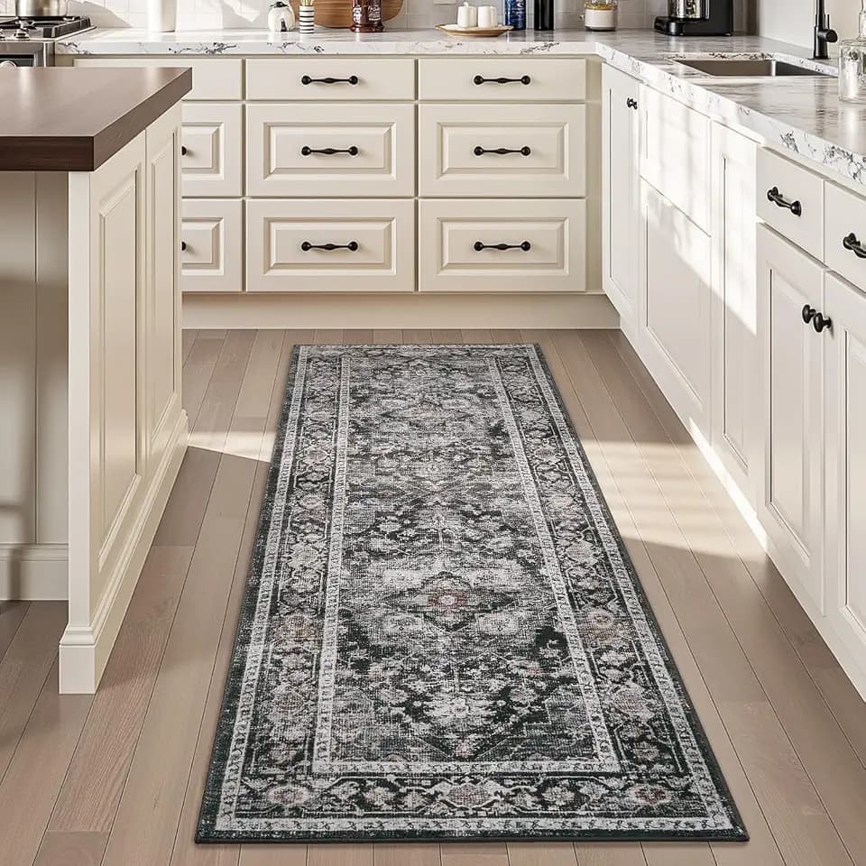 AMOAMI-2X6 Runner Rug-Washable Runners for Hallways-Soft Non Slip Bedside Rugs for Bedroom-Vintage Long Rug for Hallways Entryway Laundry Room Stair Kitchen Bathroom Dark Grey & Black