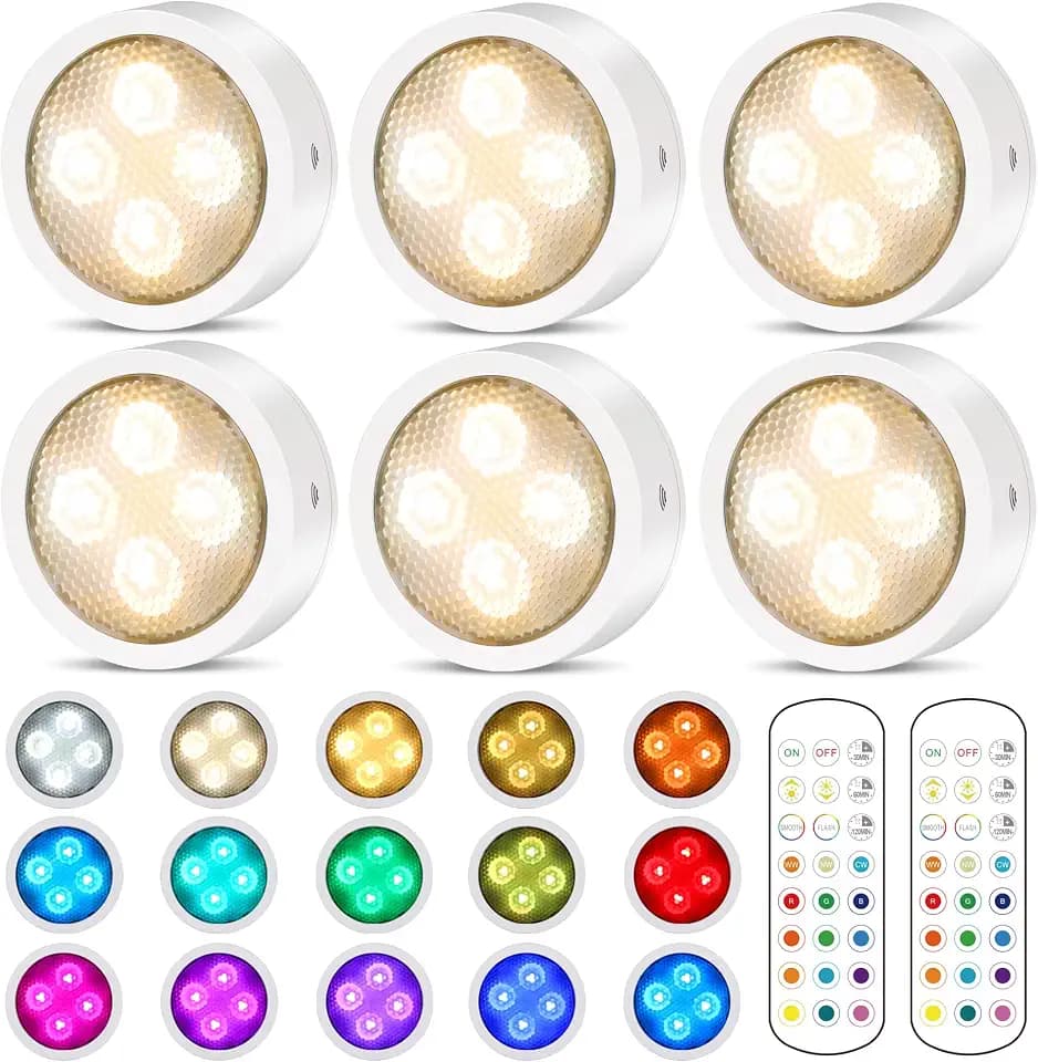TECOMLIGHT Puck Lights with Remote Control, Battery Powered Wireless LED Under Cabinet Lighting, RGBCW Stick On Push Lights 6 Pack - White