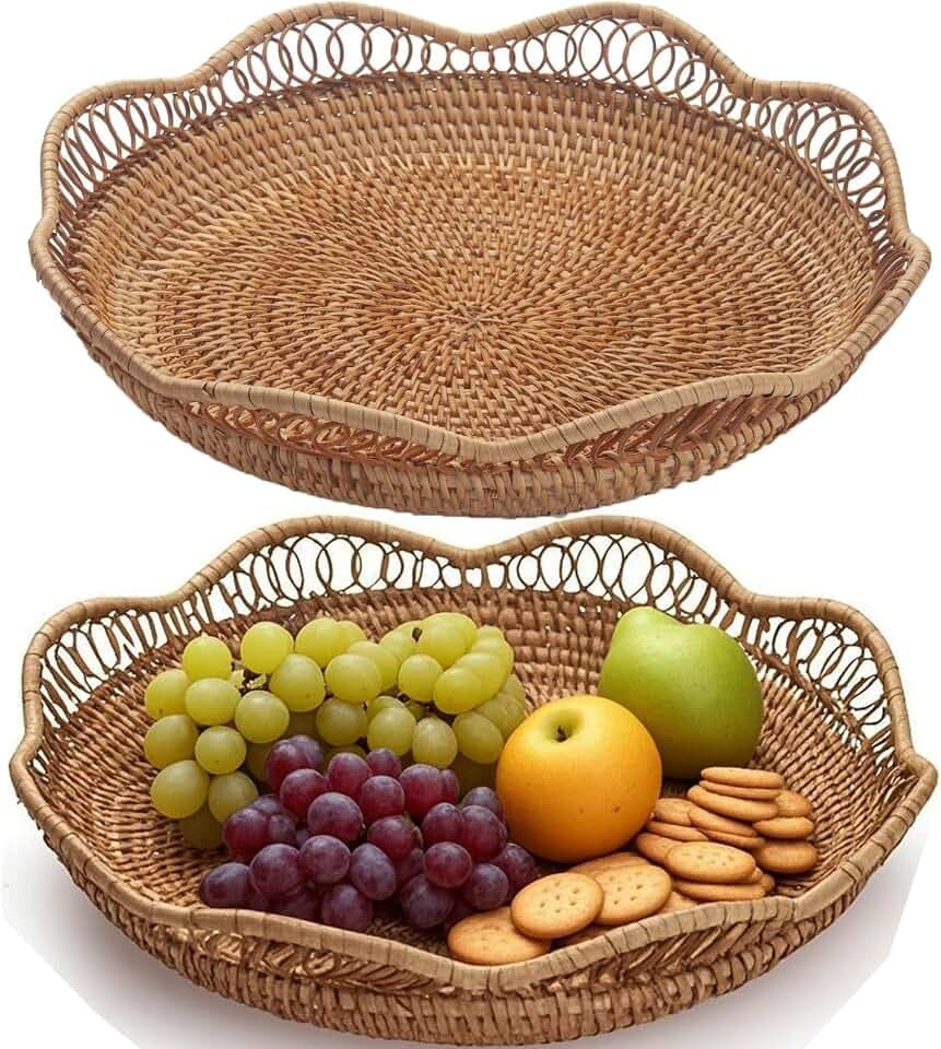 KEILEOHO 2 PCS Rattan Fruit Basket, Rattan Fruit Bowl for Serving, Woven Bread Basket for Bread, Vegetables, Kitchen Tabletop Display, 11.8 x 2.36 Inch