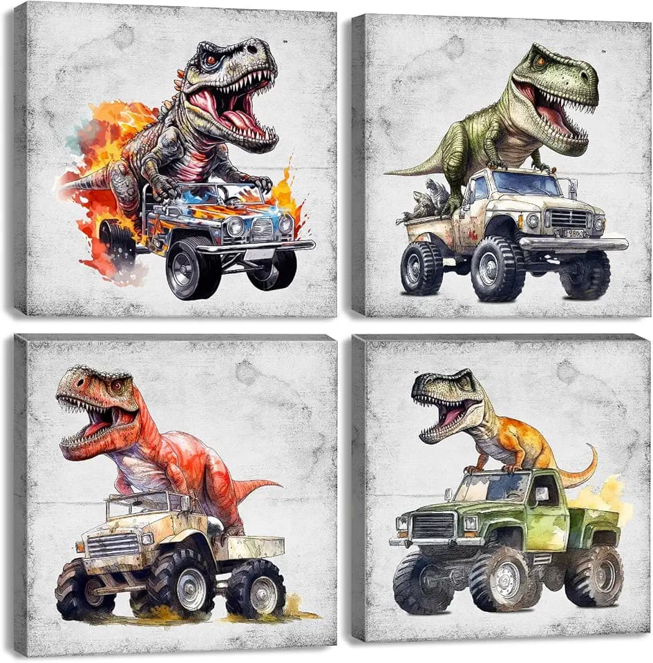 Retro Dinosaur Wall Art Funny Dinosaur Room Decor for Boys Vintage Car Pictures Kids Bedroom Playroom Wall Decor Cool Dino Posters Canvas Prints Nursery Bathroom Artwork Home Decorations 12x12” 4Pcs