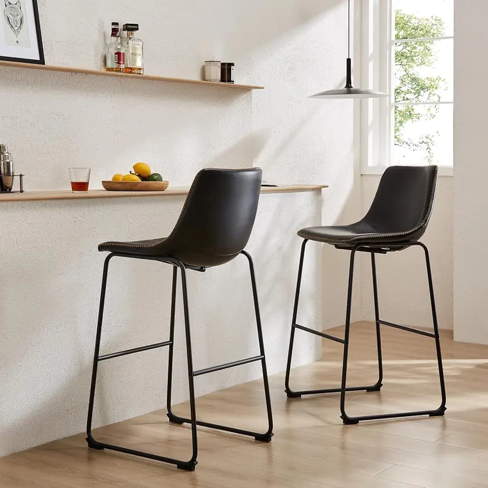 Sweetcrispy Bar Stools Set of 2, Faux Leather Barstools with Metal Legs