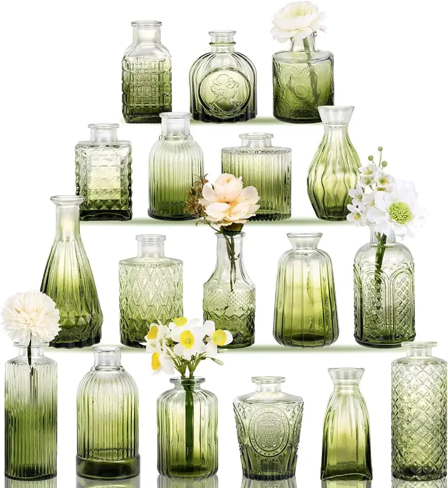 18pcs Green Glass Bud Vase Set, Small Flower Vases for Centerpieces in Bulk