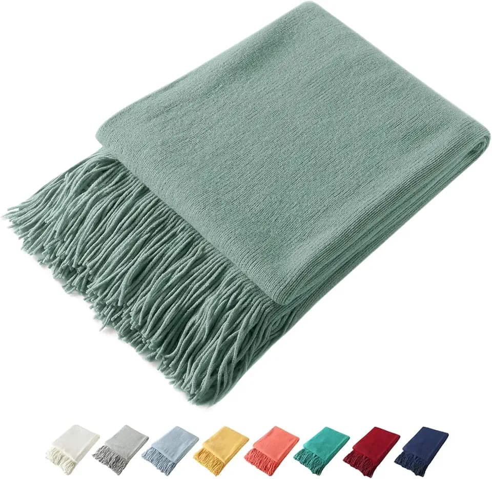 Homiest Sage Green Knitted Throw Blanket with Fringe, 50x60 Inch