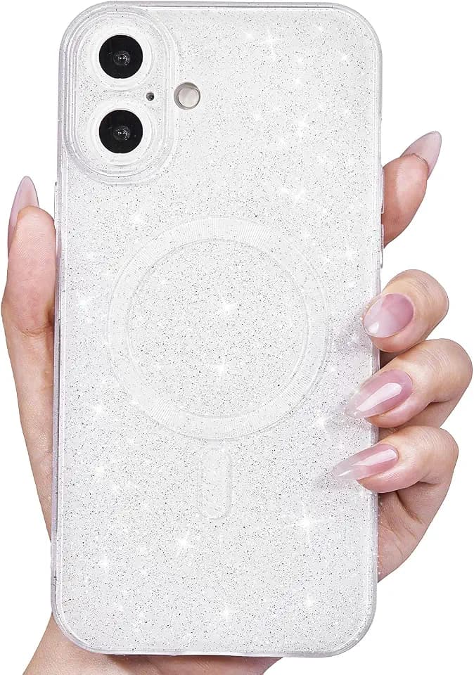 Svanove Glitter Case for iPhone 16 Phone Case Magnetic Compatible with Magsafe, Sparkle Bling Shiny Sparkly Cute Girly Design, Bright Trendy Aesthetic Hard Mag Cover for Women Girls, White