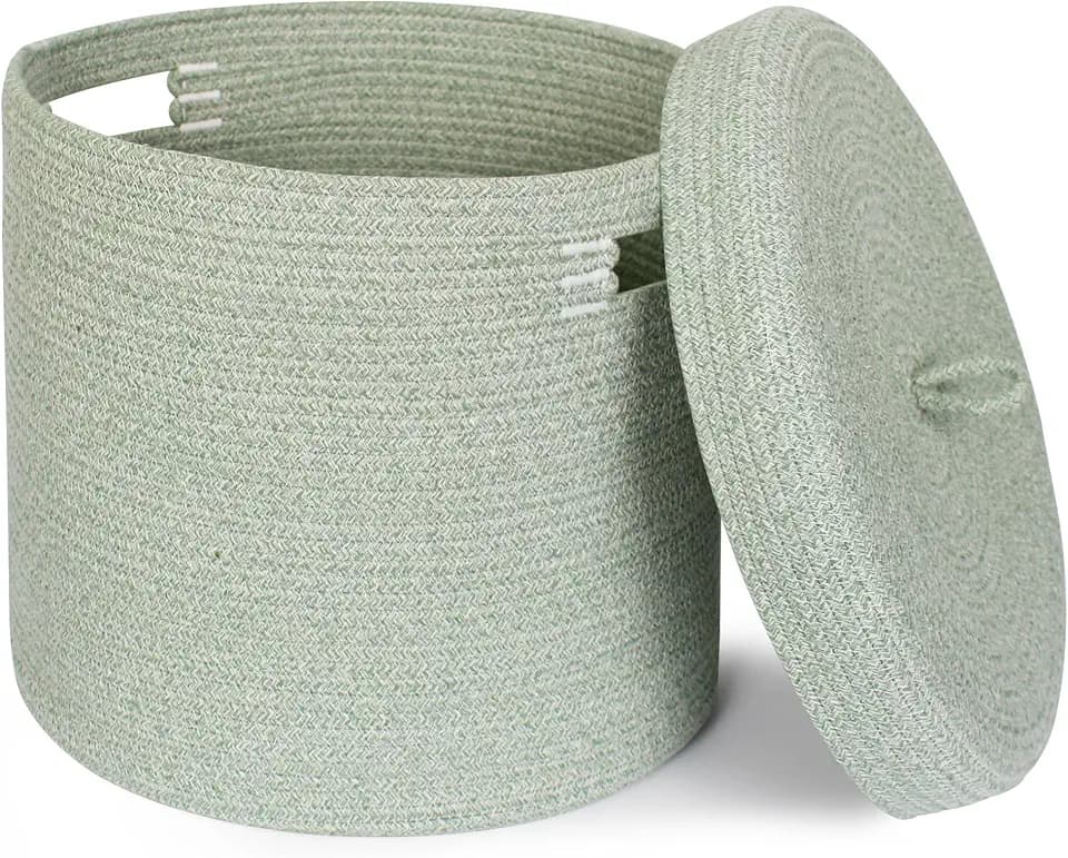 Storage Basket with Lid, Woven Blanket Storage for Living Room, Cotton Rope Bin with Lid, Round Wicker Laundry Basket with Cover, Lidded Kid Dog Toy Box, Nursery Organizer, 15"x13", Green