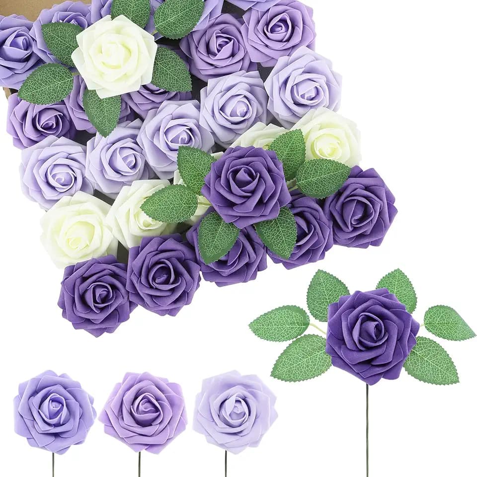 DuHouse 25Pcs Artificial Flowers Foam Roses with Stems(Series Purple)