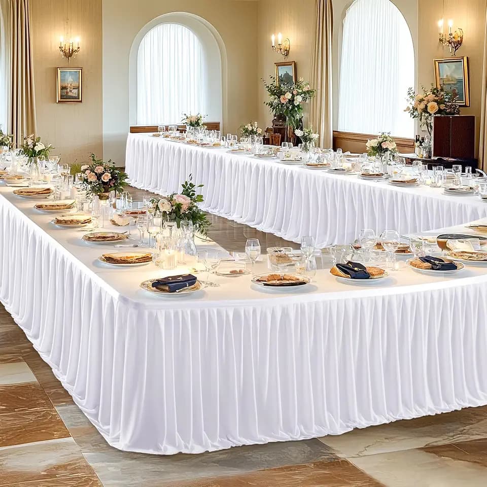 Wish Care 17ft Long White Table Skirt for Rectangle Tables Decorations - Wrinkle Resistant Polyester Pleated Table Skirting Desk Skirt for Office Baby Shower Birthday Party Wedding Banquet