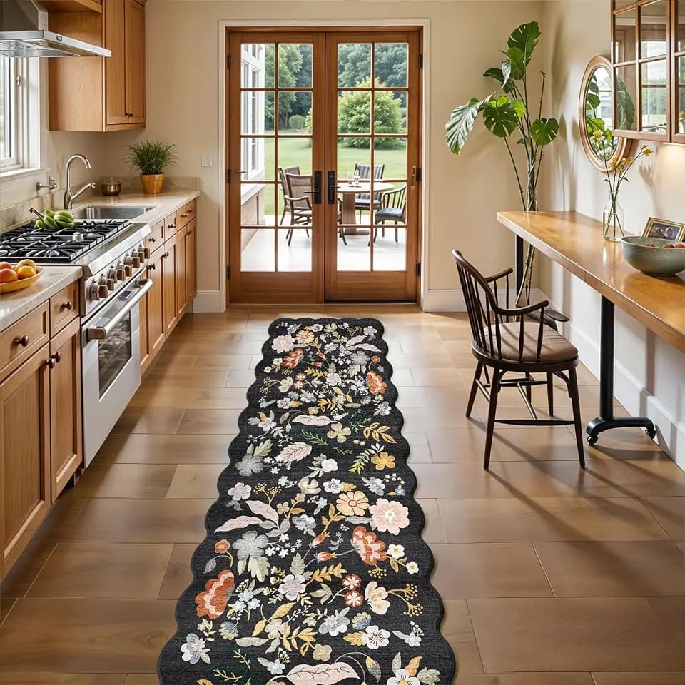 2x10 Scalloped Hallway Runner Rug: Washable Non Slip Boho Floor Mat Black