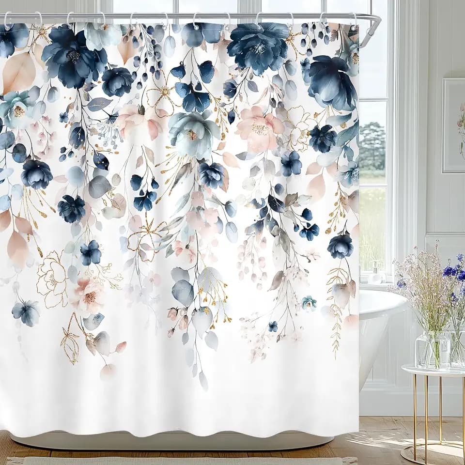 Blue Floral Flower Shower Curtain Cute Navy Flower Pastel Shower Curtain