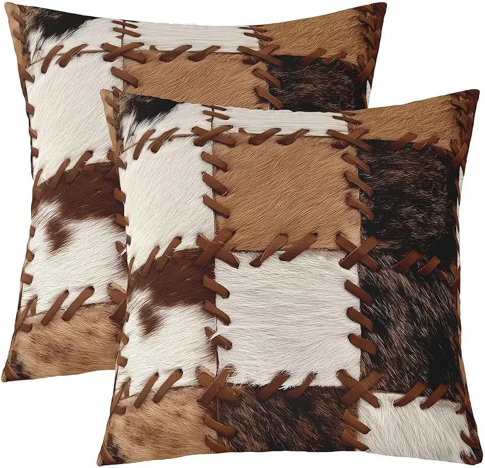 Feelyou Cow Fur Pillow Covers 18x18 Set of 2 Cowhide Decorative Throw Pillow Covers Cases Home Decor Farmhouse Western Farm Animal Skin Plaid Grid Print Cowboy Cushion Case for Couch Sofa Outdoor