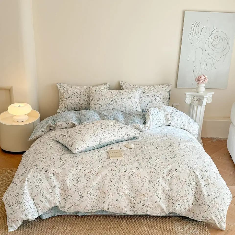 EAVD Garden Style Botanical Duvet Cover King Soft Cotton Chic Shabby Floral Leaves Pattern Bedding Set with 2 Pillowcases Fresh Vibrant Floral Duvet Cover with Zipper Closure