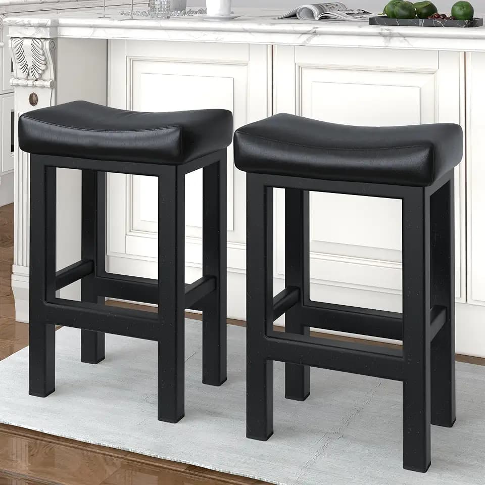 Bar Stools Set of 2, 24 Inch Counter Height Bar Stools for Kitchen Island, Faux Leather Upholstered Thick Saddle Seats & Heavy Duty Metal Base, Easy Assembly, White