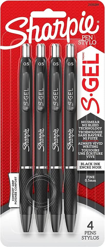 Sanford Sharpie S-Gel Pen, Fine Point (0.5mm), Black Metal Barrel, Black Ink, 4 Count