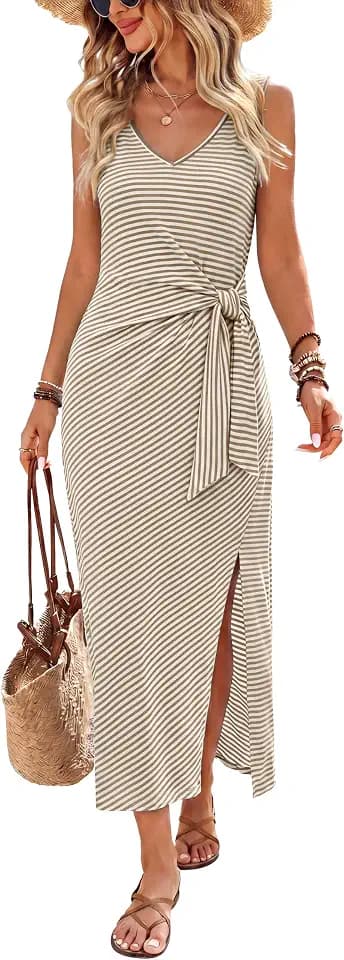 OFEEFAN Summer Dresses for Women 2026 V Neck Sleeveless Casual Dress Elegant Work Long Midi Dresses for Women Tie Waist
